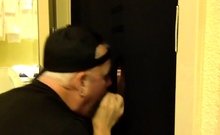 Gloryhole BJ DILF sucks cock near toilet