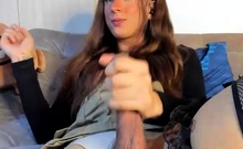Tranny with big tits tugs on her big cock