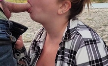 Amazing busty brunette slut doing blowjob outdoor