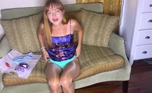 Amateur redhead Jacqueline with glasses masturbates