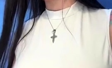 Amateur Busty Brunette Masturbates And Does Hand Job