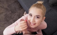 Young blonde gives blowjob and titjob to old guy